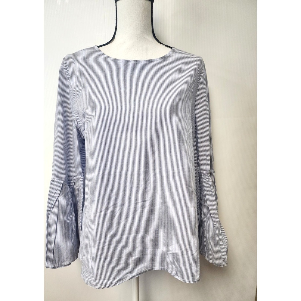Beach lunch lounge Collection 100% Cotton Striped Flutter Sleeves Blouse Large‎
